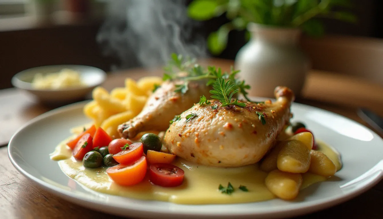 Assiette de poulet à la crème de Bresse, plat emblématique de la cuisine bressane servi dans les bistrots traditionnels de l'Ain comme à Saint-Denis-lès-Bourg