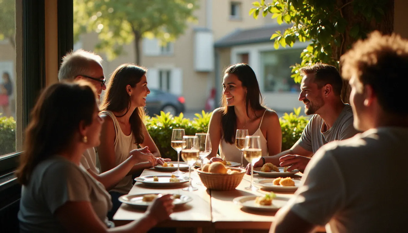Tablée de convives dans un bistrot de bourg français, ambiance animée du déjeuner en semaine, illustrant la vie sociale autour de la table dans un village de l'Ain