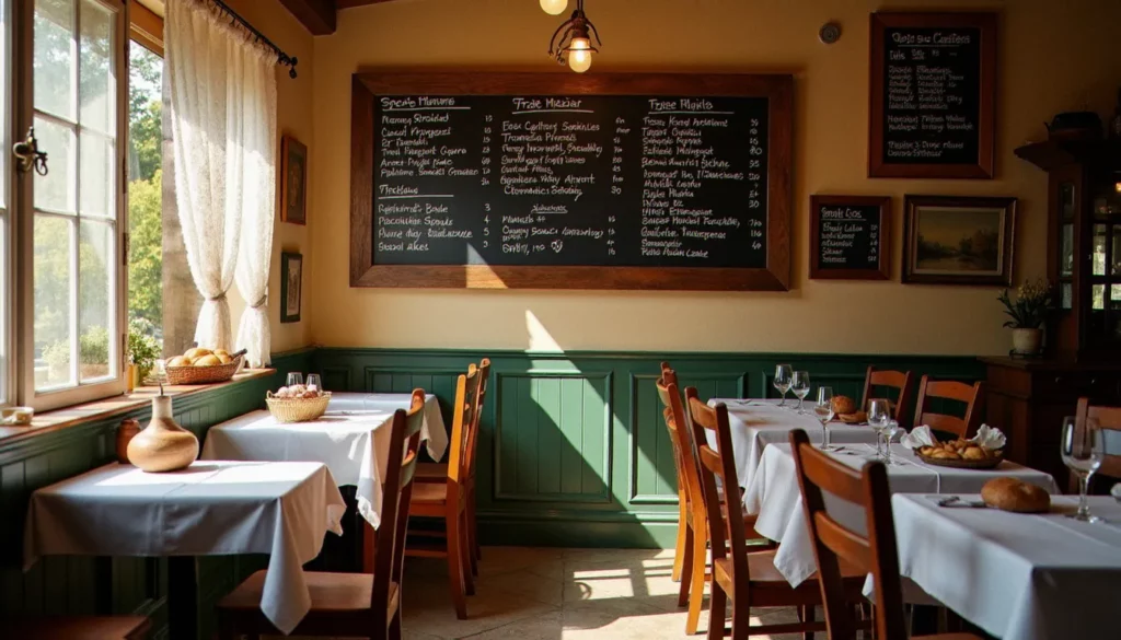 Salle d'un bistrot traditionnel de village dans la Bresse, avec tables en bois et ardoise du menu du jour, ambiance chaleureuse du déjeuner — typique du bistrot Brigitte à Saint-Denis-lès-Bourg