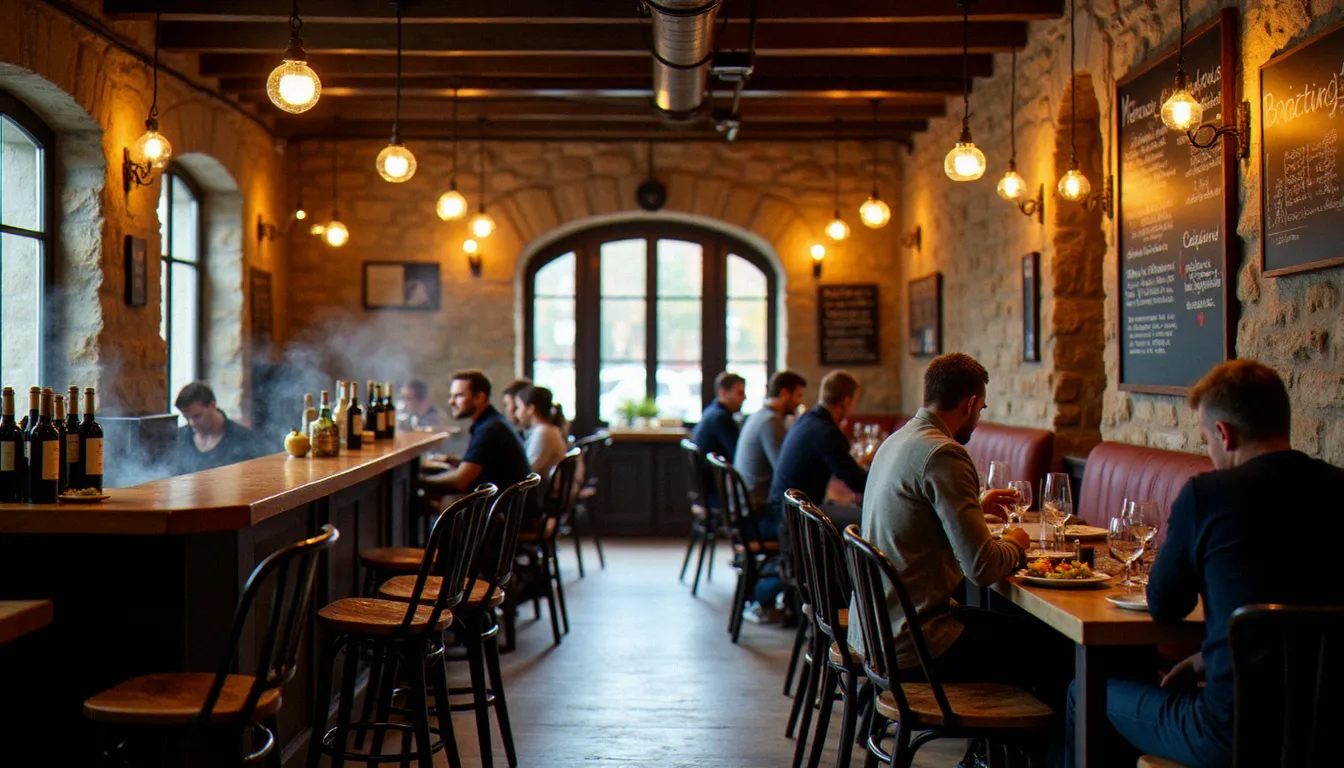 Intérieur chaleureux d'un bistrot de terroir avec ardoise du menu et clientèle déjeunant dans une atmosphère conviviale