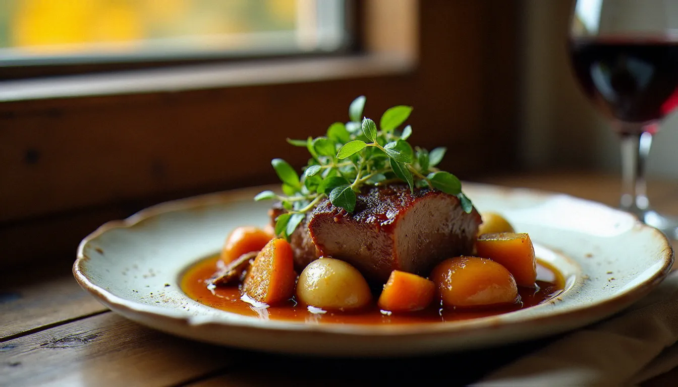 Assiette de joue de porc braisée aux légumes du terroir servie sur table en bois dans un bistrot de la cascade en automne
