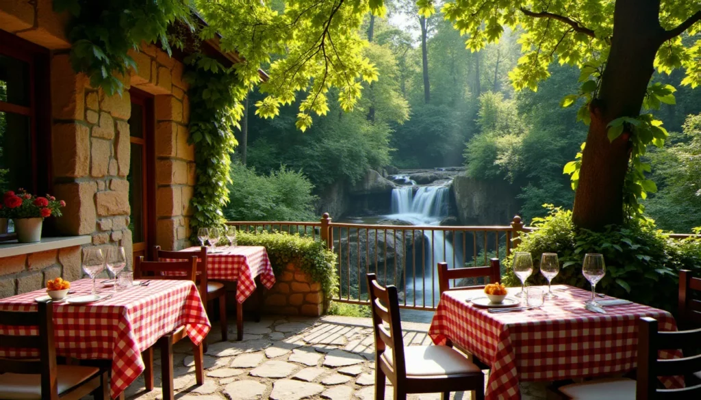 Terrasse d'un bistrot de la cascade avec tables dressées en bord de chute d'eau dans un cadre verdoyant