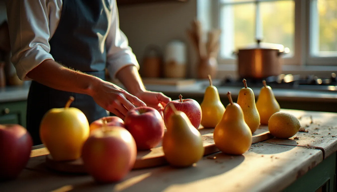Mains d'un cuisinier disposant des pommes et poires fraîchement cueillies sur un plan de travail en bois de cuisine campagnarde