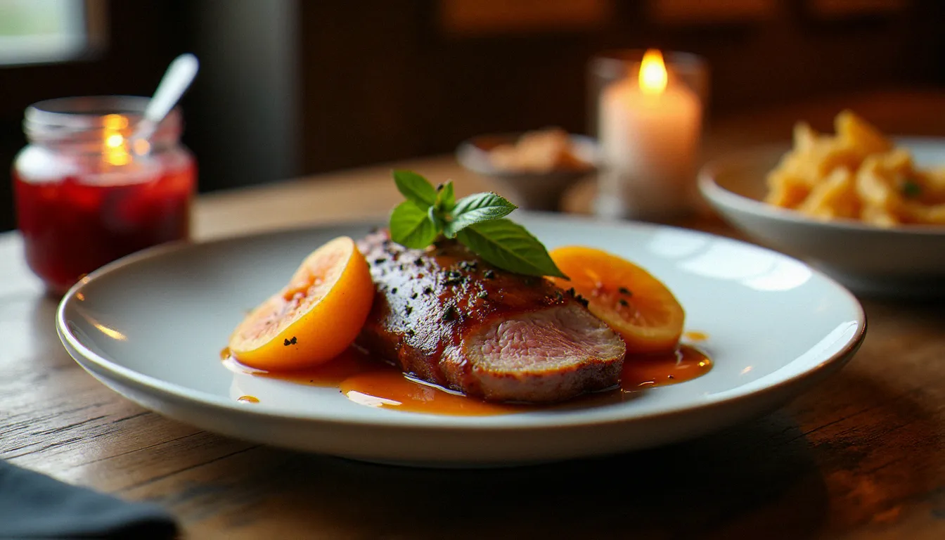 Assiette de bistrot avec magret de canard et coings caramélisés maison posée sur une table en chêne dans une ambiance lumineuse et chaleureuse