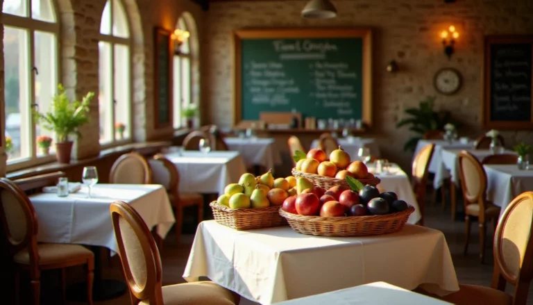 Intérieur chaleureux d'un bistrot du verger avec des paniers de fruits de saison sur les tables et un menu ardoise en arrière-plan