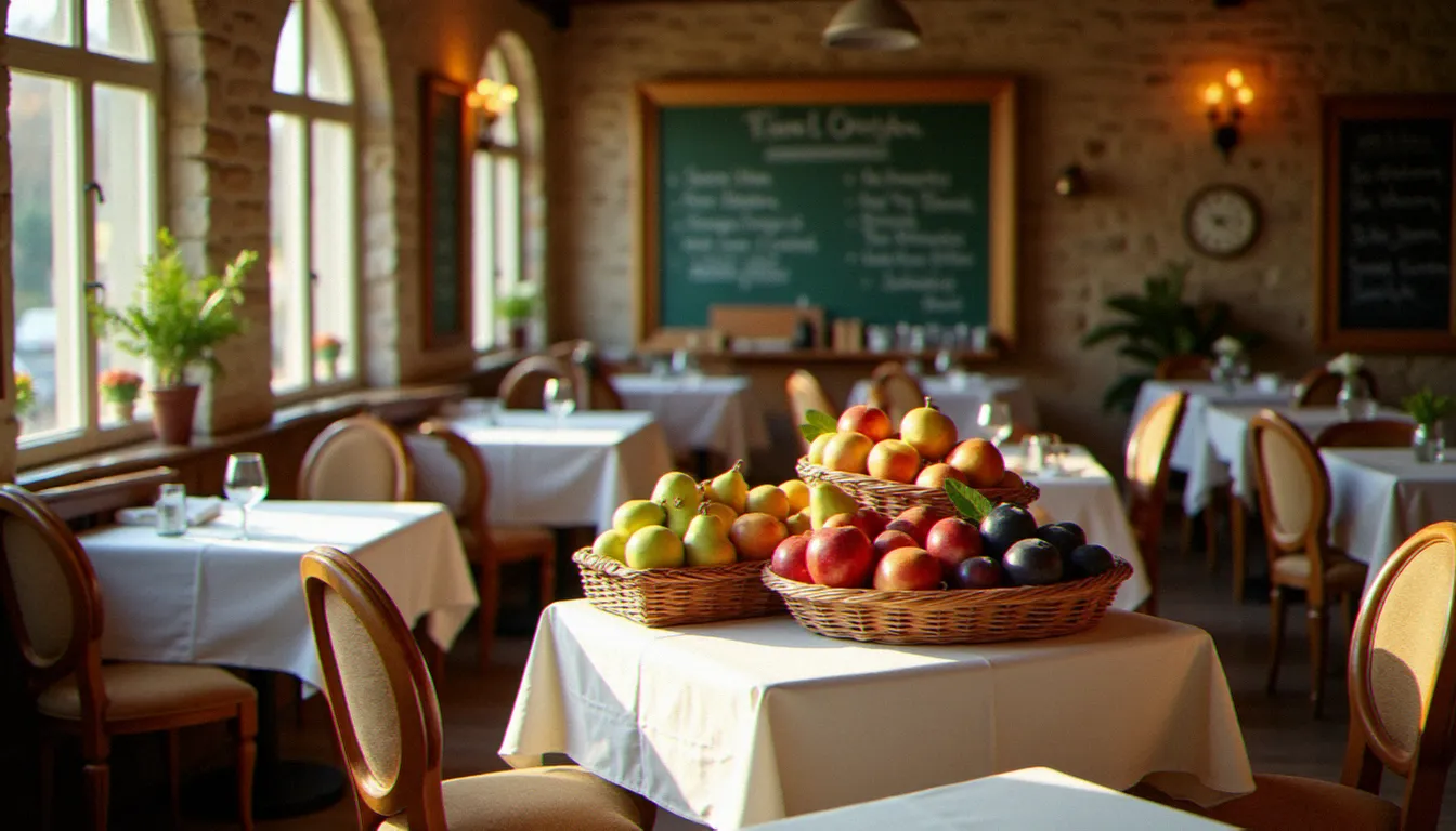 Intérieur chaleureux d'un bistrot du verger avec des paniers de fruits de saison sur les tables et un menu ardoise en arrière-plan