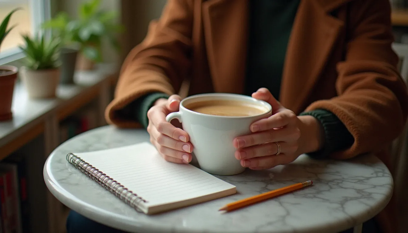 Mains tenant une tasse de café sur une table de bistrot, symbolisant la pause consciente autour de sa consommation quotidienne