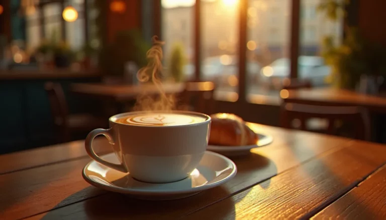 Tasse de café noir fumant posée sur un comptoir en bois d'un bistrot lillois, illustrant le débat sur le café dangereux pour la santé