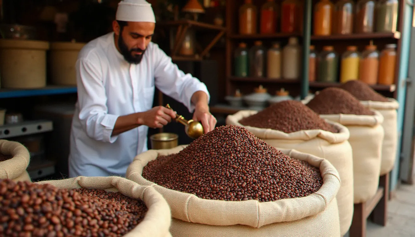 Étal de café en grains au souk tunisien avec des sacs de jute et un vendeur mesurant la marchandise