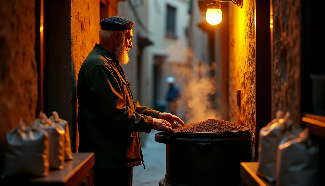 Torréfacteur artisanal tunisien surveillant son tambour à café dans une ruelle de médina, scène illustrant l'artisanat du café en Tunisie