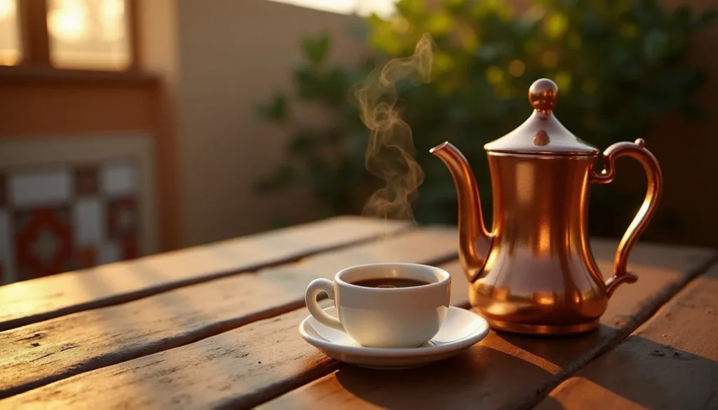 Cafetière traditionnelle tunisienne en cuivre avec une tasse de café noir, illustration du café prix Tunisie