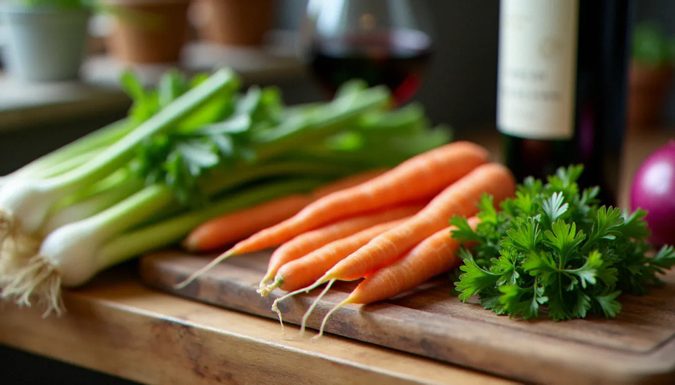 Ingrédients frais d'une recette bistrot facile disposés sur un billot de boucher — légumes de saison, herbes fraîches et vin rouge