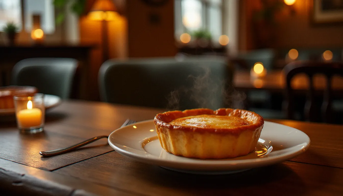 Tarte tatin dorée démoulée sur assiette blanche dans une salle de bistrot chaleureuse, dessert bistrot classique et réconfortant