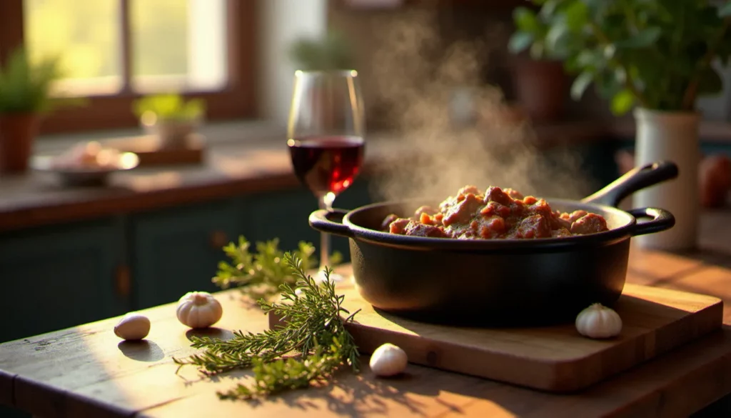 Cocotte en fonte avec un bœuf bourguignon mijoté, ingrédients de recette bistrot facile disposés autour sur un comptoir en bois rustique