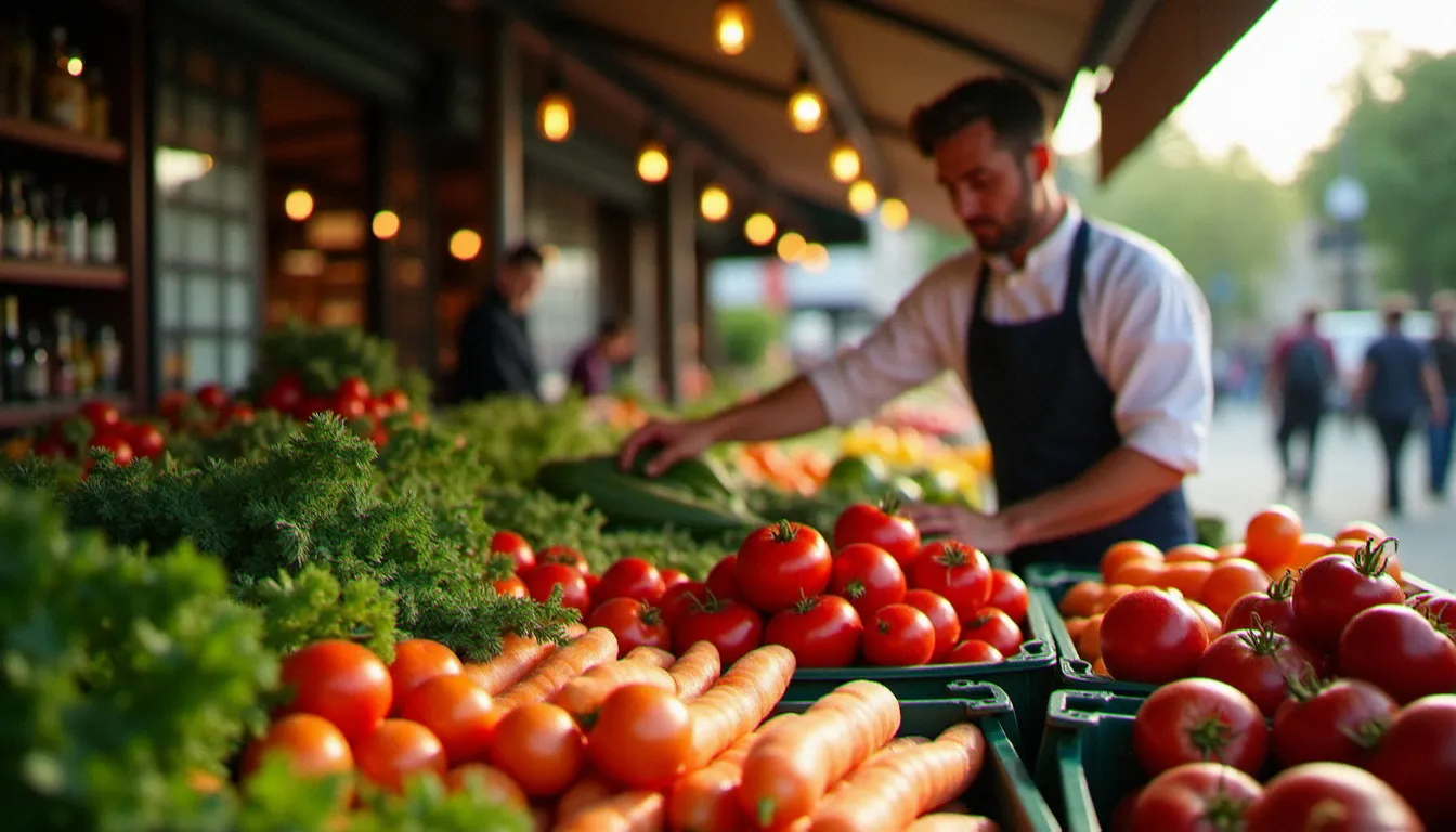 Chef de restaurant bio à Bordeaux faisant ses courses au marché de producteurs locaux au petit matin, sélectionnant des légumes biologiques de saison