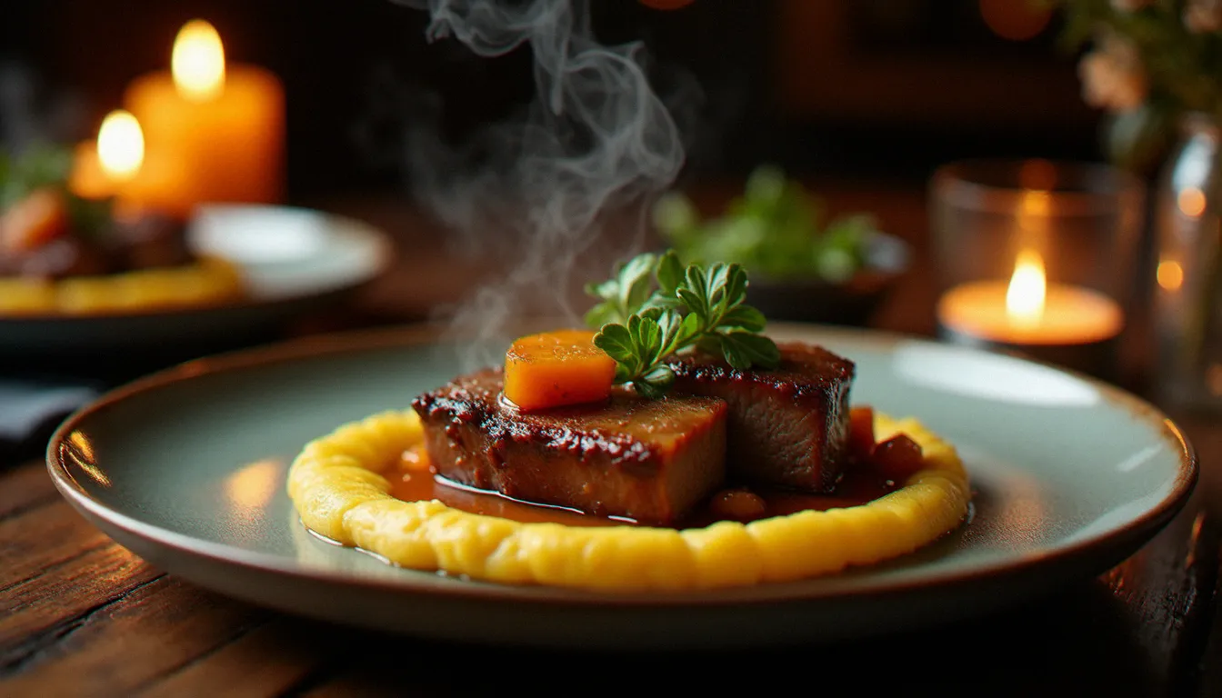 Assiette de joue de porc bio braisée avec coing et polenta de maïs ancien servie dans un bistrot bio de Bordeaux, éclairage chaleureux à la bougie