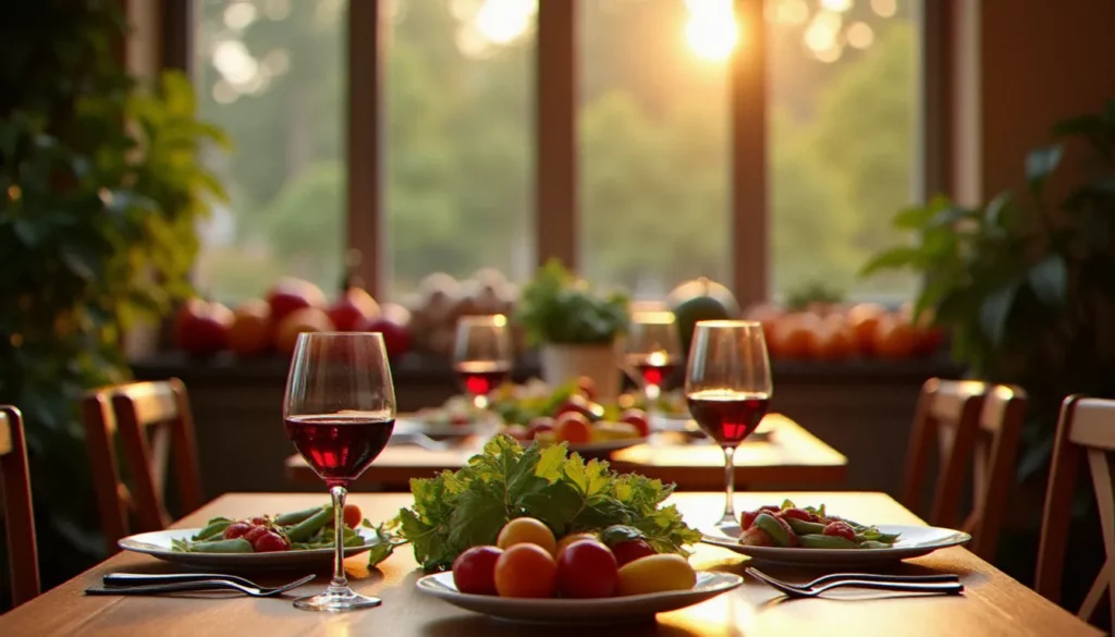 Salle de bistrot ensoleillée à Bordeaux avec une table dressée de légumes de saison et verres de vin bio, illustrant l'ambiance d'un restaurant bio bordelais