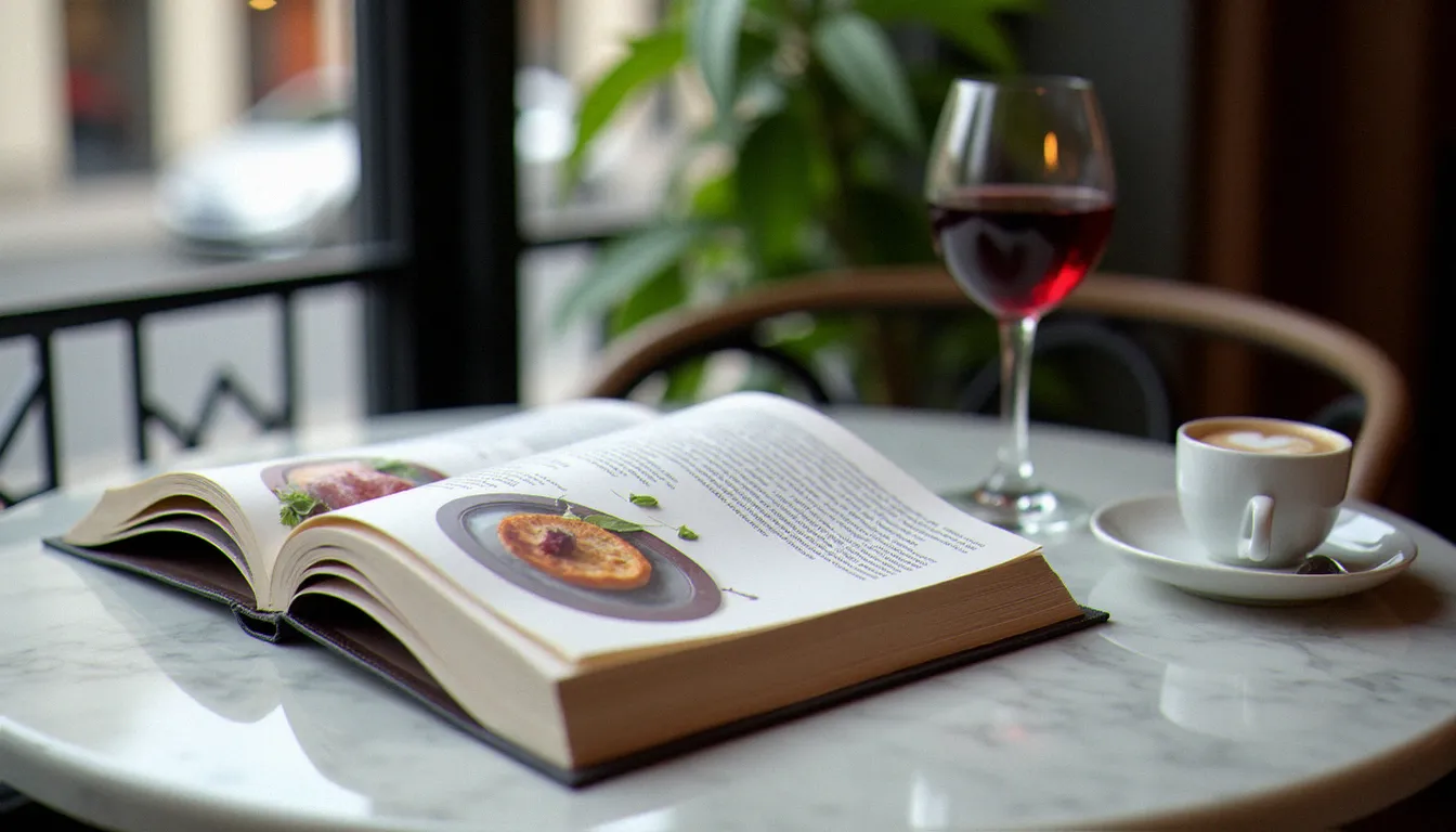 Guide de restaurant ouvert sur une table de café parisien avec un verre de vin rouge, outil indispensable pour choisir une adresse dans un restaurant guide Paris