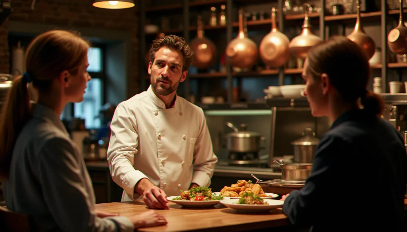 Chef parisien en discussion avec ses clients au comptoir d'un bistrot, illustrant les critères de qualité d'un bon restaurant guide Paris