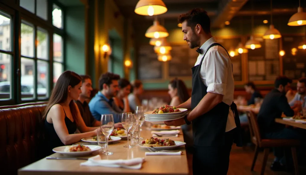 Intérieur animé d'un bistrot parisien le soir, illustrant un restaurant guide Paris avec ses tables en bois et son ambiance chaleureuse