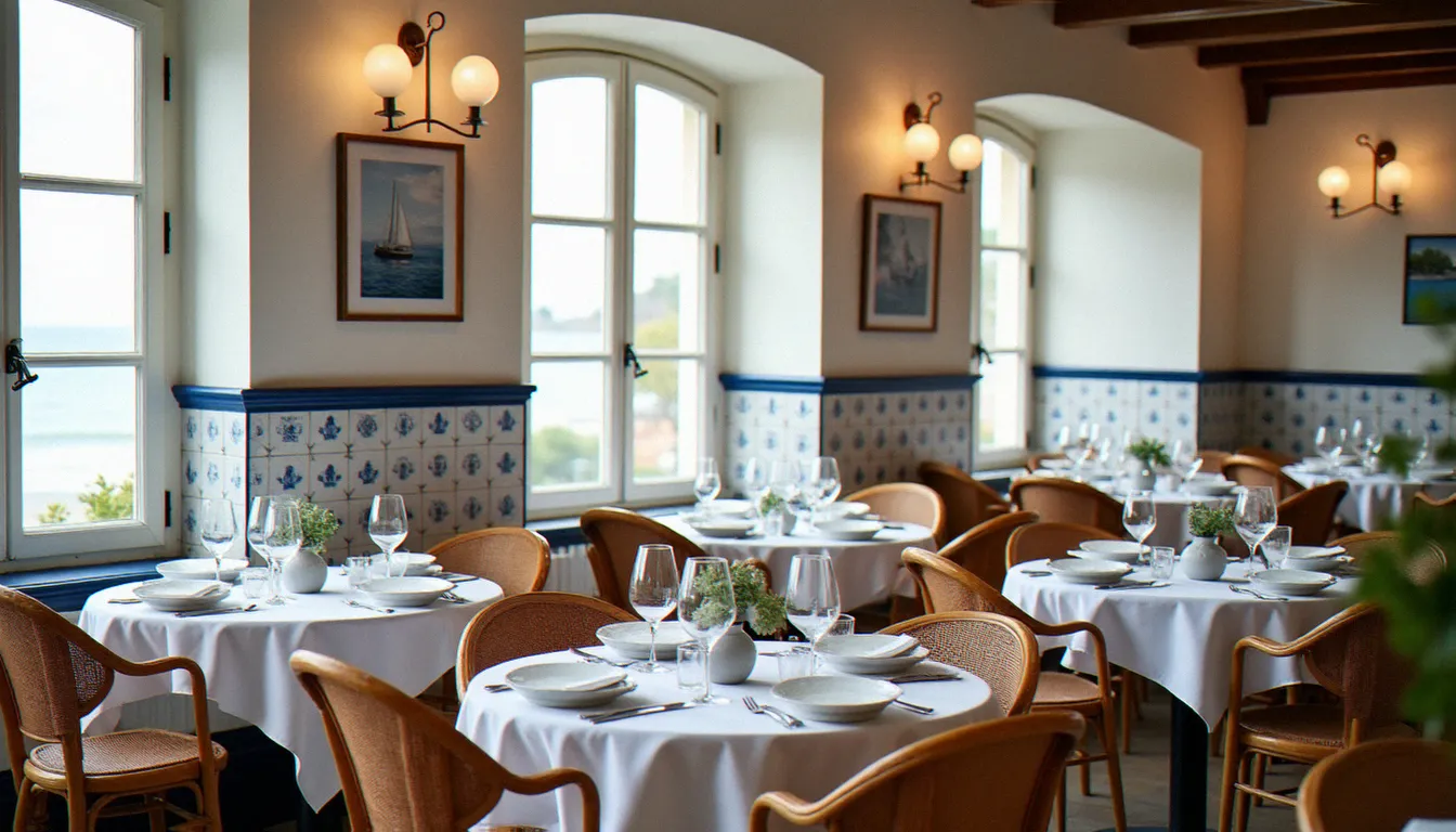 Salle intérieure d'un restaurant breton de bord de mer à Dinard, tables dressées sous la lumière naturelle des fenêtres avec décor marin traditionnel