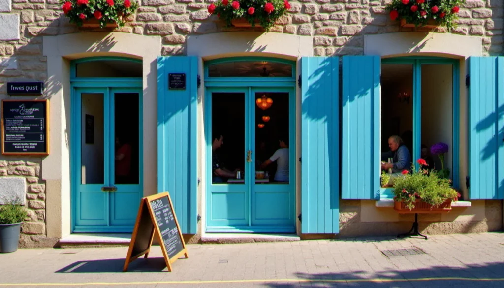 Façade du restaurant Pourquoi Pas à Dinard, vue de la rue avec devanture bretonne typique et ardoise du jour à l'extérieur