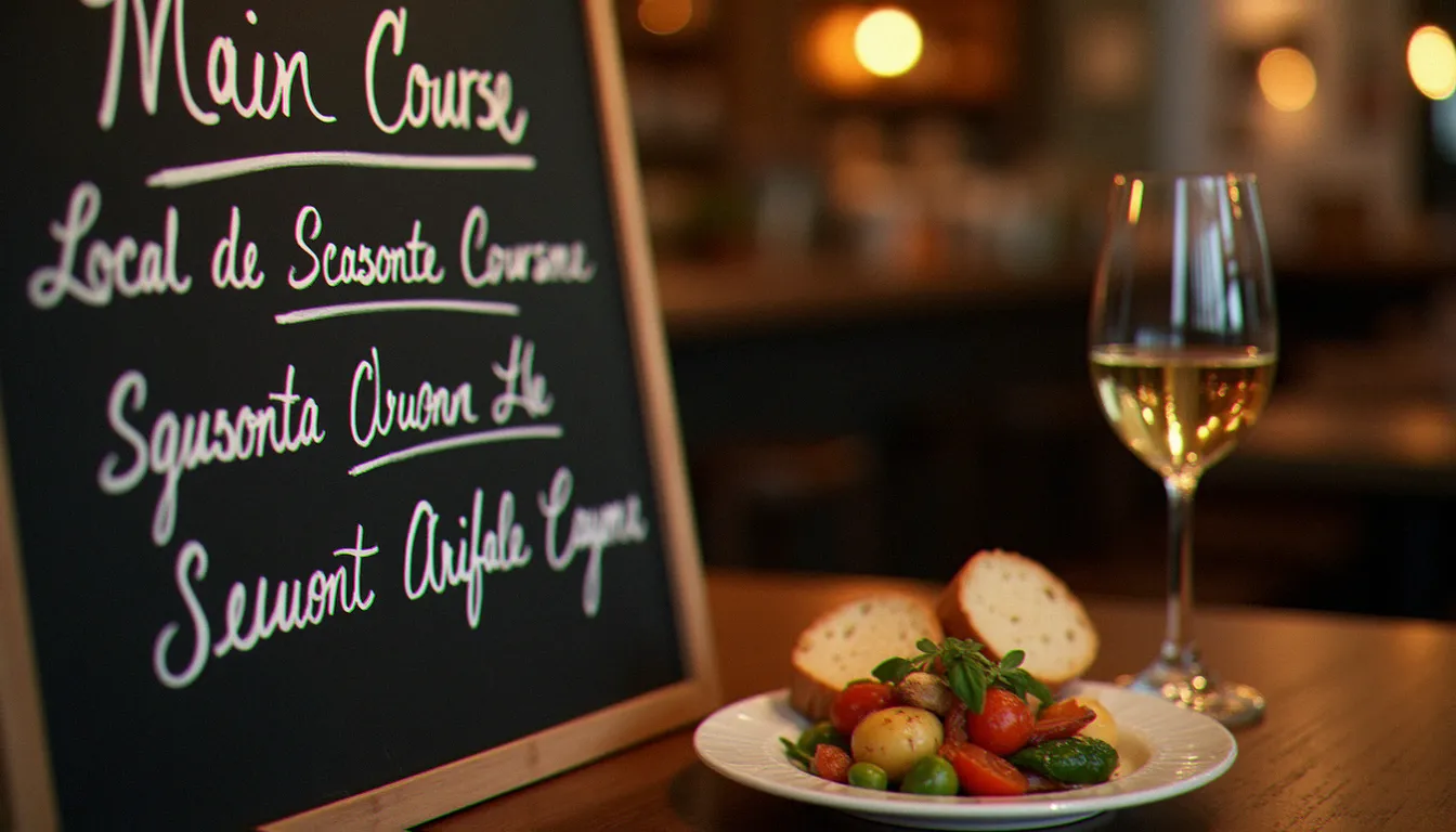 Carte courte manuscrite sur ardoise dans un bistro de quartier avec assiette de légumes de saison et pain artisanal sur table en bois