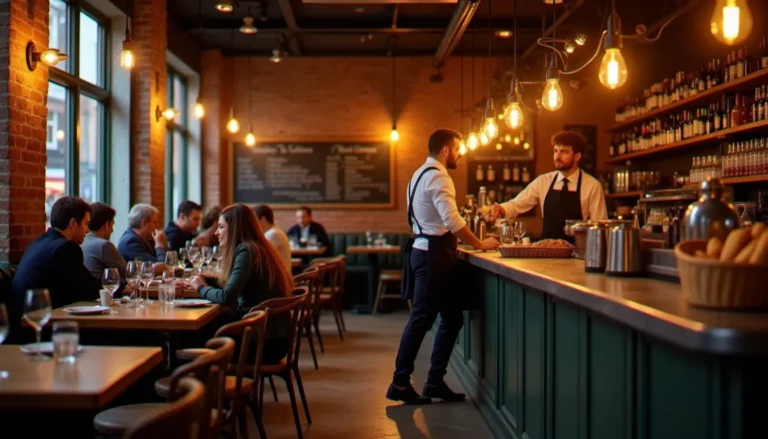 Intérieur chaleureux d'un bistro bistrot de quartier à Lille avec comptoir en zinc, éclairage tamisé et convives autour de tables en bois