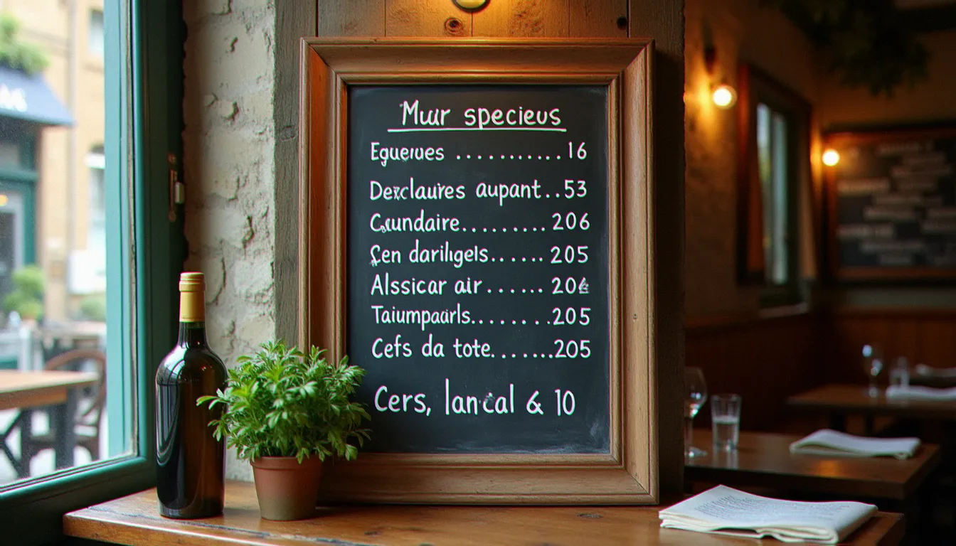 Carte manuscrite sur tableau noir dans un bistrot de quartier, herbes fraîches et bouteille de vin régionale à côté, lumière chaude