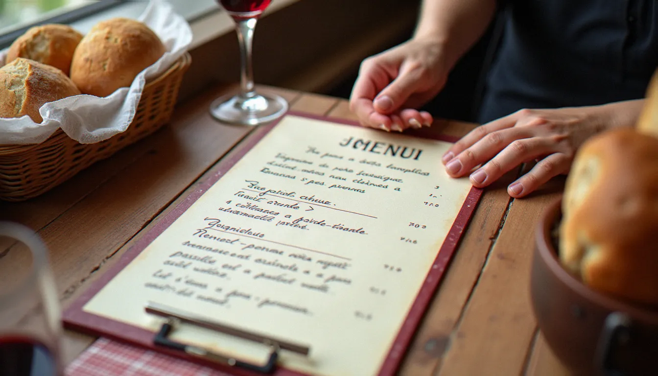 Une main pose sur une courte carte manuscrite posée sur une table à carreaux, à côté d'un verre de vin et d'un panier de pain