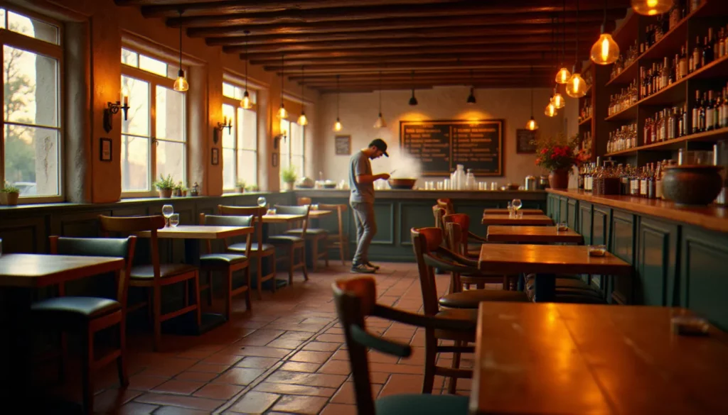L'intérieur chaleureux d'un bistrot est lillois, avec ses tables en bois patiné, son comptoir en zinc et ses lumières ambrées