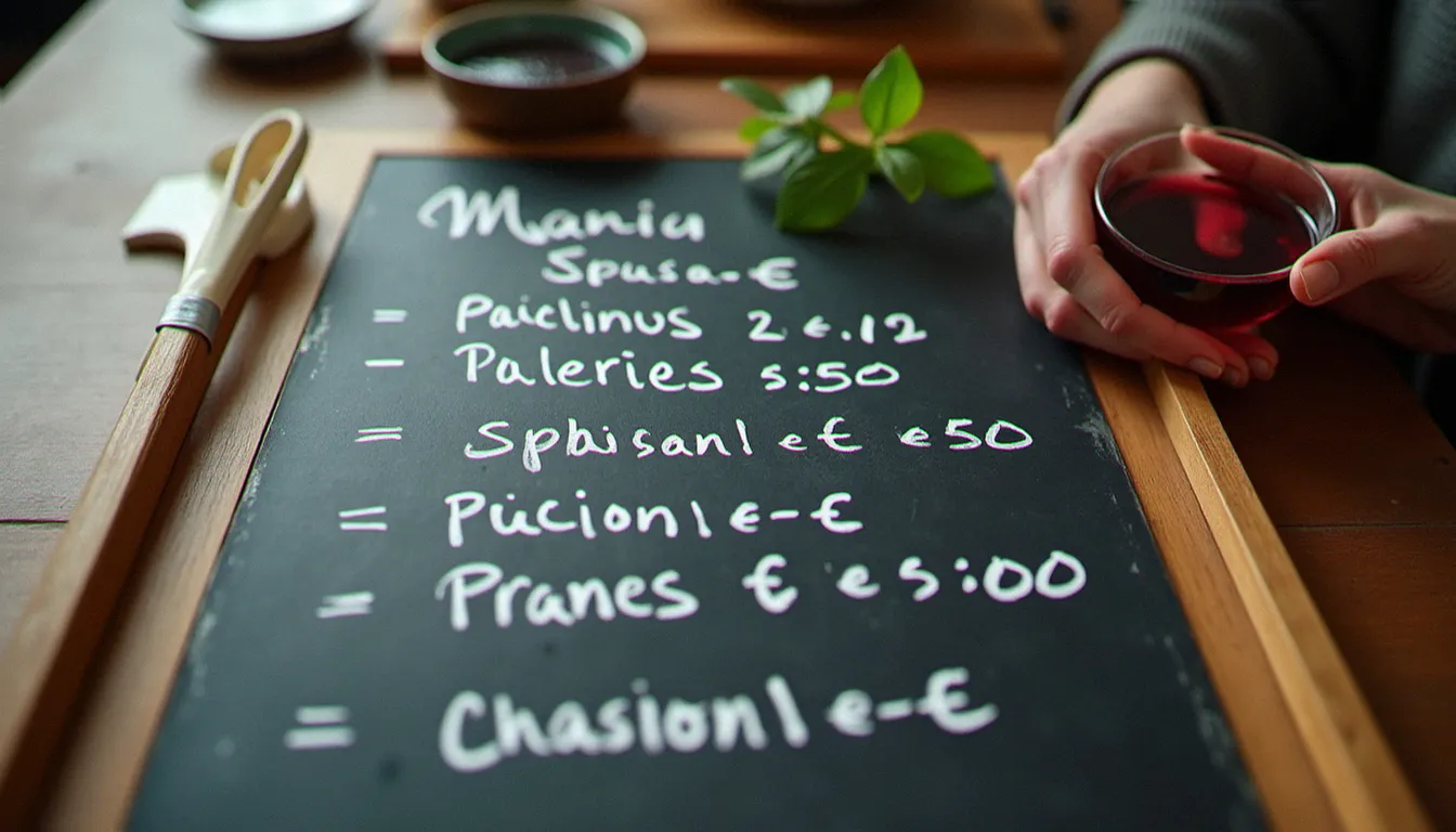 Planche de menu du bistrot Tokyo présentée sur un tableau noir, accompagnée d'un petit bol de sauce soja et d'un brin de shiso, éclairage naturel doux