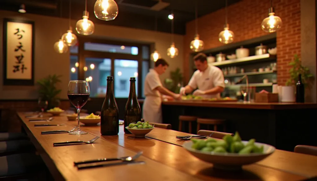 Intérieur chaleureux d'un bistrot Tokyo en soirée, avec un comptoir ouvert, des assiettes en grès, un verre de vin rouge au premier plan et une lumière ambrée