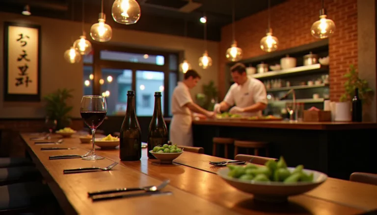Intérieur chaleureux d'un bistrot Tokyo en soirée, avec un comptoir ouvert, des assiettes en grès, un verre de vin rouge au premier plan et une lumière ambrée