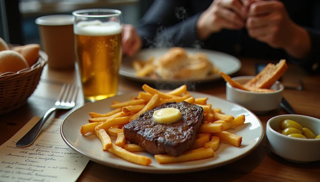 Comptoir d'une brasserie (restaurant) à l'heure du déjeuner, steak-frites fumant, bière blonde et menu de la journée