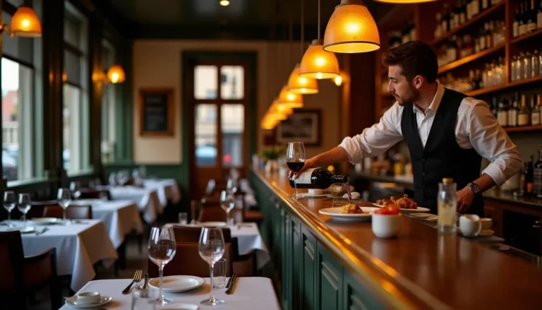 Intérieur chaleureux d'une brasserie (restaurant) de quartier à Lille, comptoir en bois, nappes blanches et verres à vin sous les lumières ambrées du soir