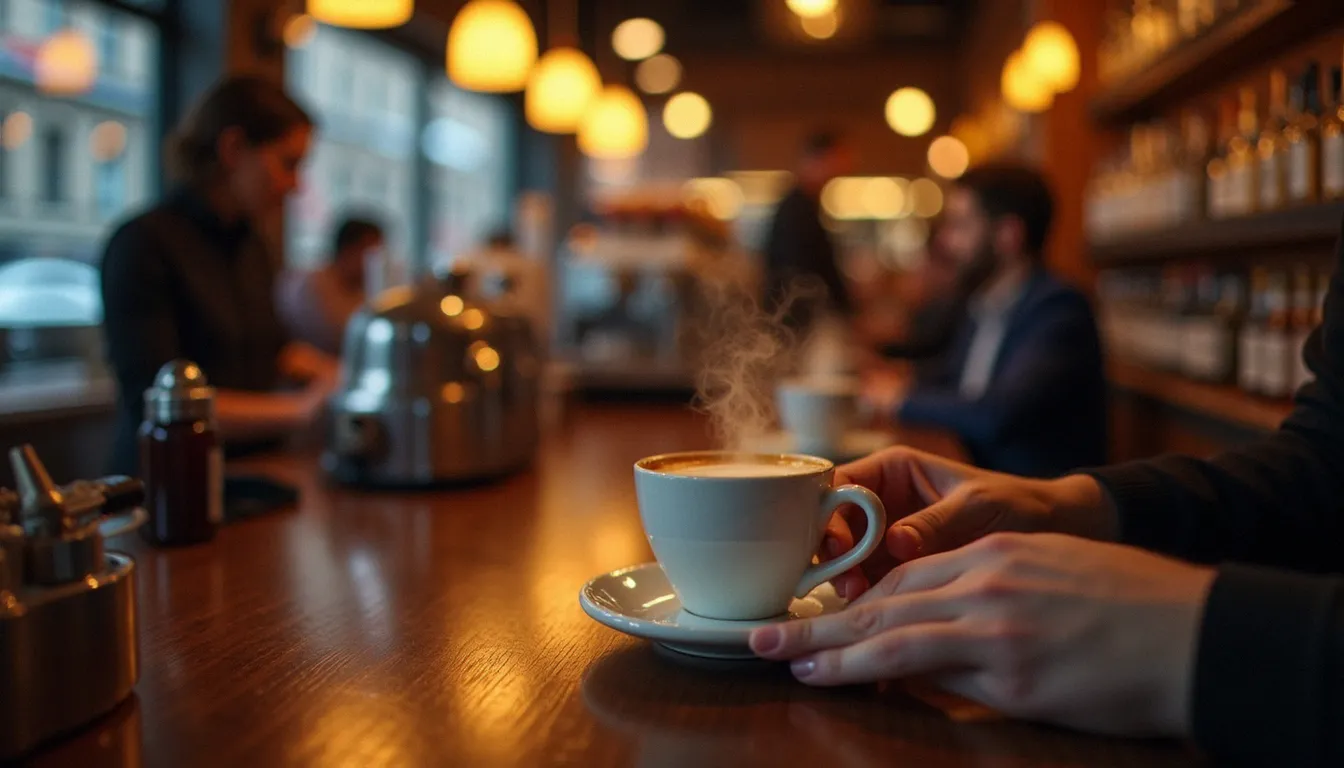 Mains tenant une tasse d'expresso au comptoir d'un bistrot animé, vapeur visible, barista en arrière-plan en train de tirer un café