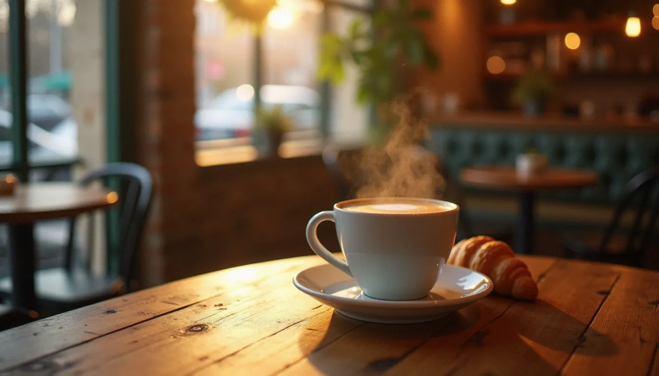 Tasse d'expresso fumante sur une table de bistrot en bois, avec un croissant, dans une lumière du matin chaleureuse, illustrant le débat sur le café et la santé