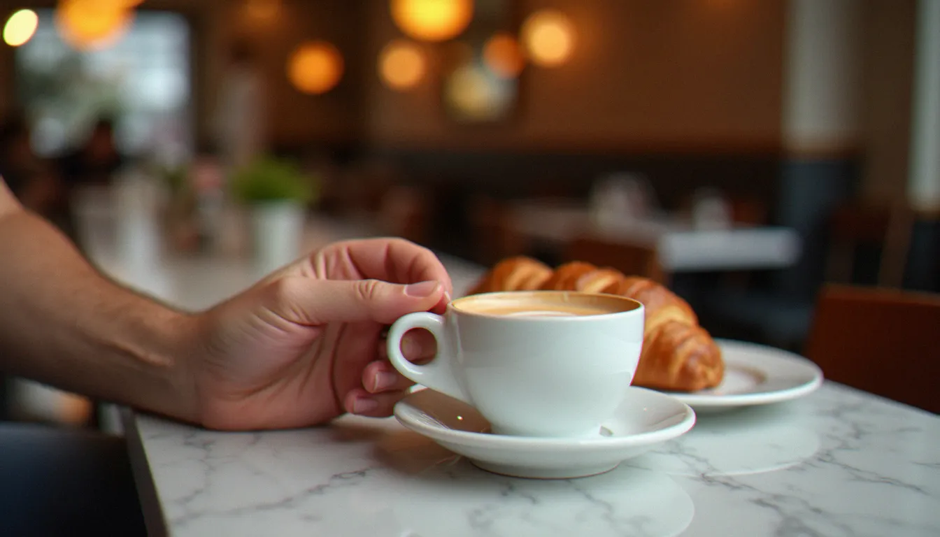 Main tenant un double expresso sur un comptoir en marbre de bistrot, avec des croissants en arrière-plan, évoquant les doses de café à surveiller
