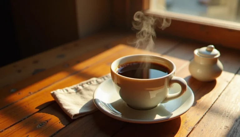 Tasse d'expresso fumante sur une table en bois de bistrot, illustrant le débat sur le café dangereux pour le foie dans un cadre convivial