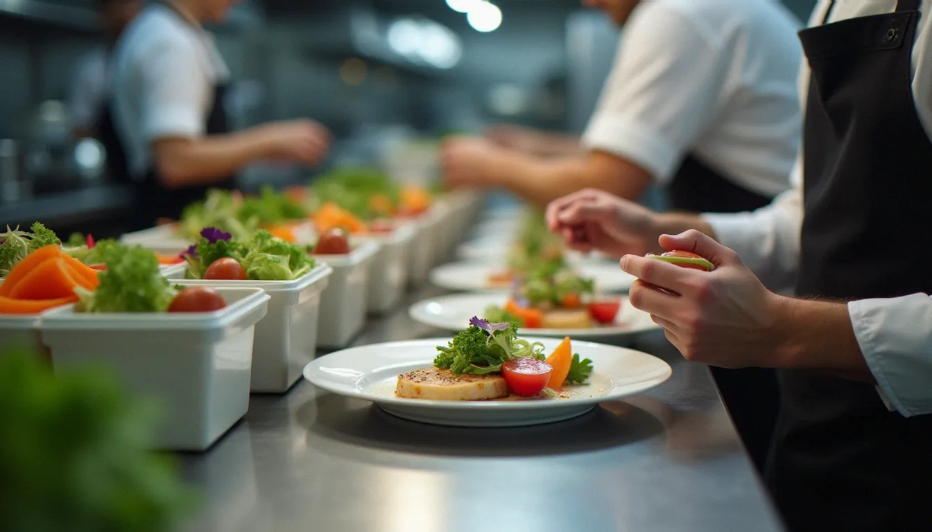 Chef en train de dresser un plat dans une cuisine bien organisée