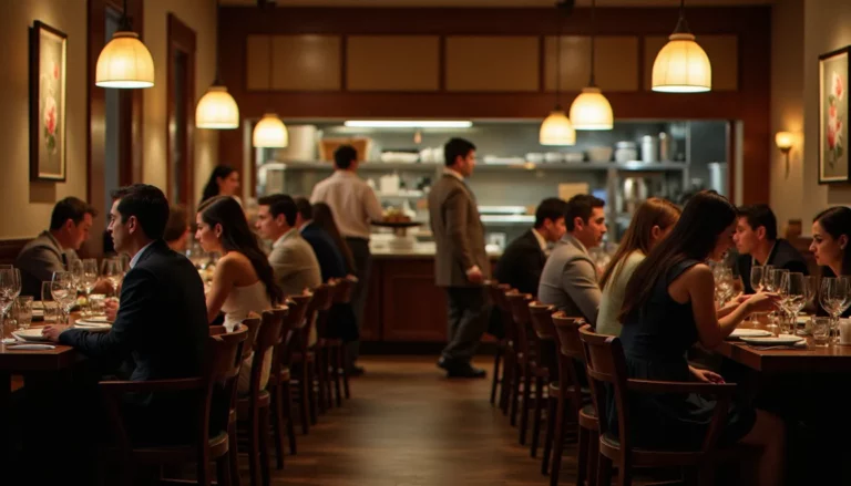 Salle chaleureuse d'un restaurant efficace avec des clients dînant et un serveur en service