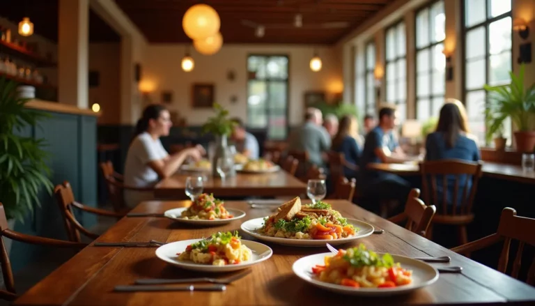 Salle de restaurant naturellement avec tables dressées et plats de saison frais