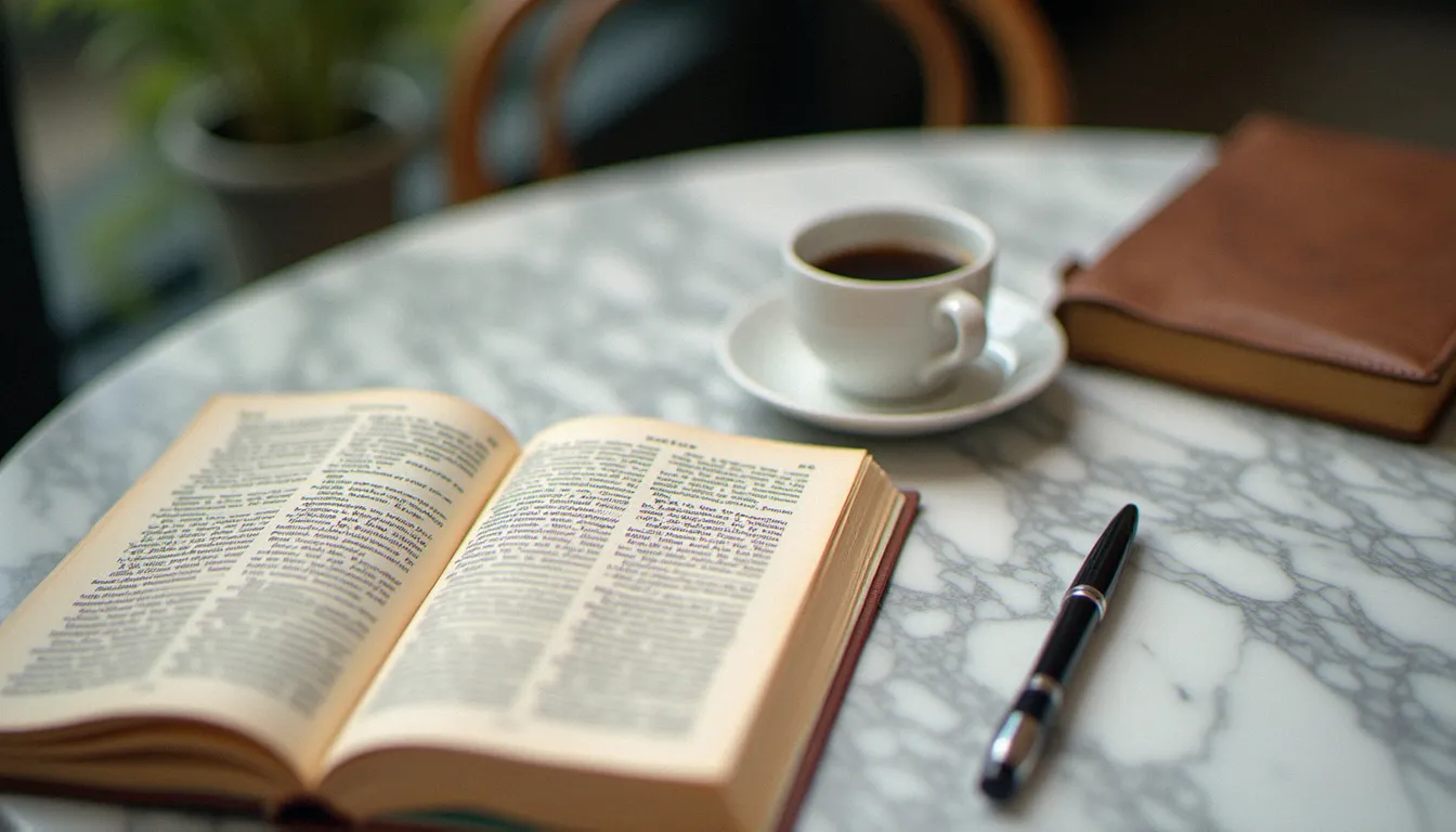 Carnet et tasse de café posés sur une table de bistro en marbre, évoquant l'origine du mot bistro