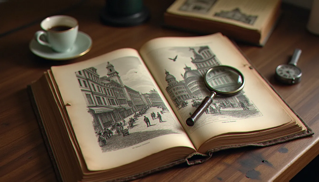 Livre ancien et loupe posés sur une table de café, évoquant la recherche sur la légende des cosaques de 1814