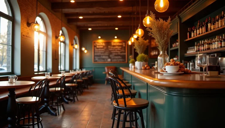 Intérieur chaleureux d'un bistrot lillois avec comptoir en zinc et ardoise, illustrant le bistro origine du mot