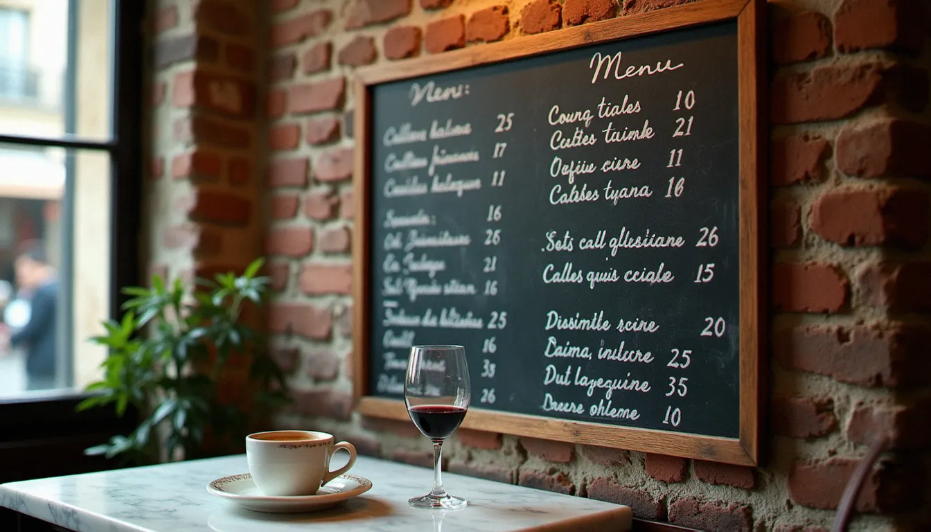 Ardoise de bistrot accrochée à un mur de briques, à côté d'une tasse de café et d'un verre de vin sur une table en marbre