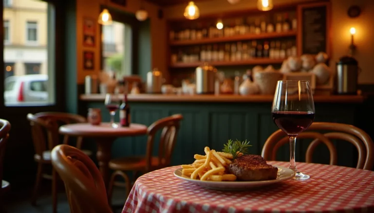 Intérieur chaleureux d'un bistrot de quartier avec comptoir en zinc, petites tables en bois et assiette de steak-frites, illustrant le débat bistro ou bistrot