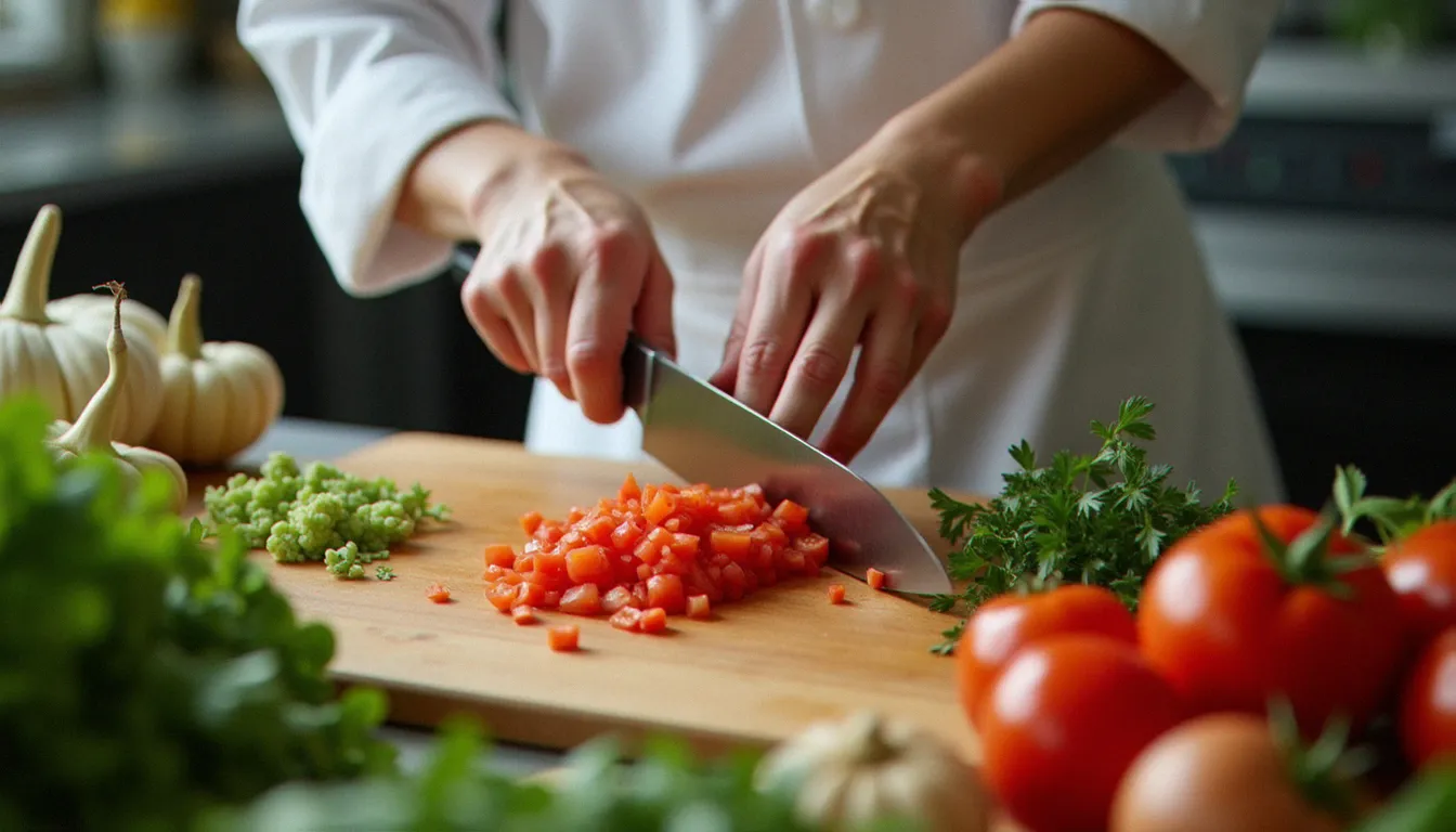 Chef préparant des légumes frais dans la cuisine du bistrot