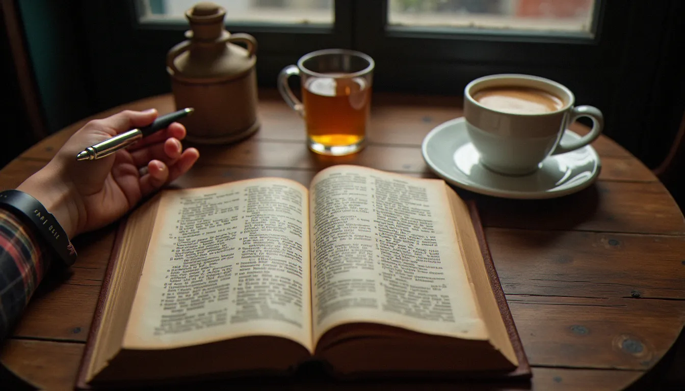 Vieux dictionnaire ouvert posé sur une table de bistrot à côté d'un café, pour illustrer les recherches sur l'origine du mot